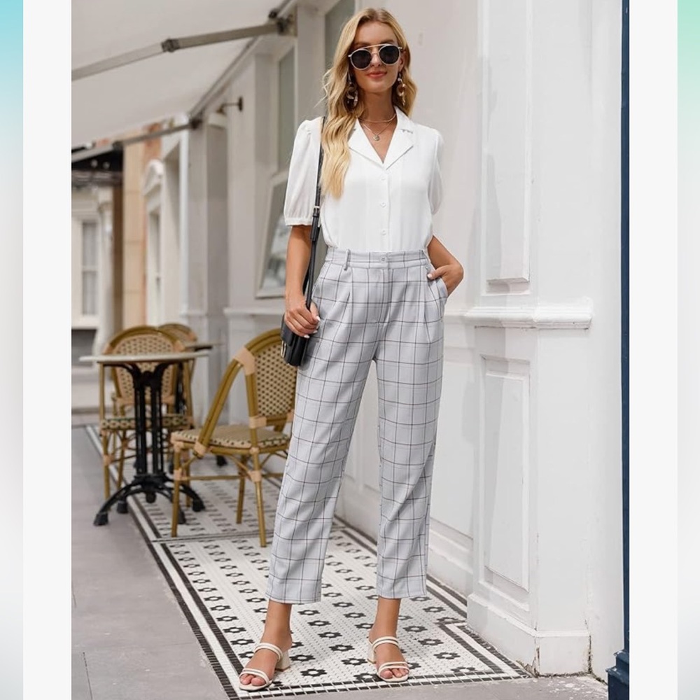 Grace Karin Women Pants Elastic Waist Plaid Pants with Pockets Medium